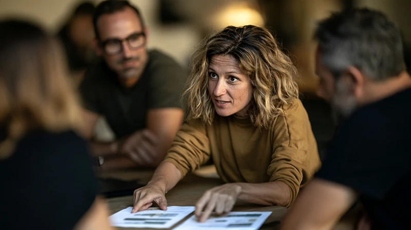 Team meeting: a woman explains her assessment of two printed drafts while the team listens